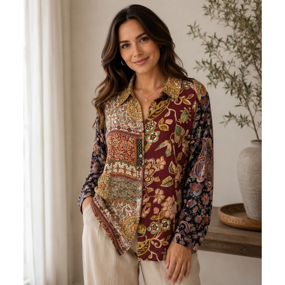 Rose & Olive Patchwork Button Top Womens Large Multicolor Paisley Floral Boho - Picture 10 of 10